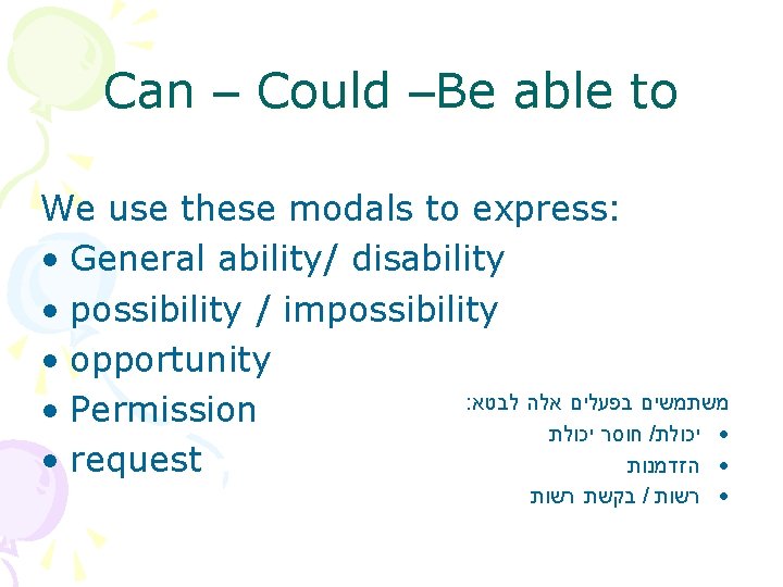 Can – Could –Be able to We use these modals to express: • General