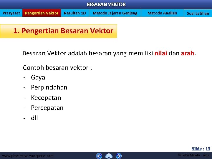 BESARAN VEKTOR Prasyarat Pengertian Vektor Resultan 1 D Metode Jajaran Genjang Metode Analisis Soal