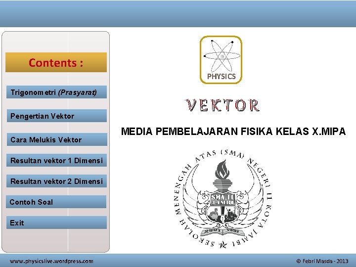 Contents : PHYSICS Trigonometri (Prasyarat) Pengertian Vektor ` Cara Melukis Vektor VEKTOR MEDIA PEMBELAJARAN