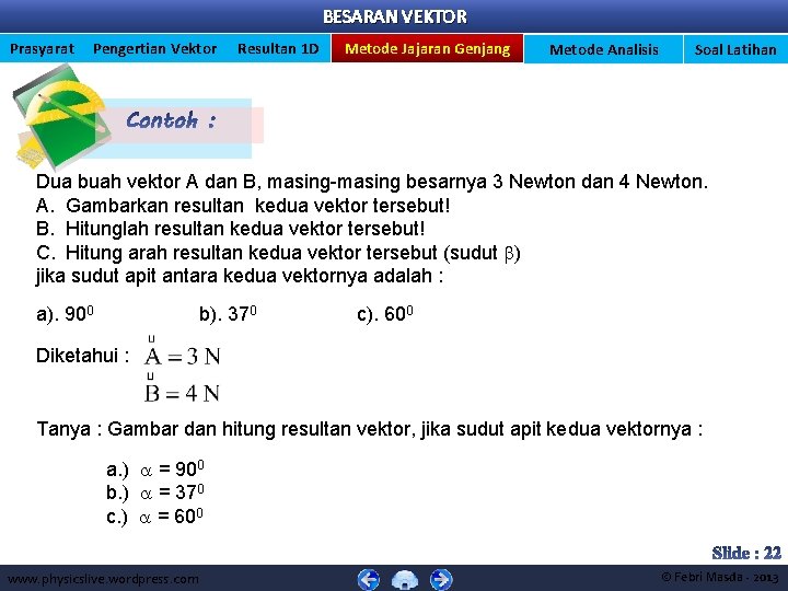 BESARAN VEKTOR Prasyarat Pengertian Vektor Resultan 1 D Metode Jajaran Genjang Metode Analisis Soal