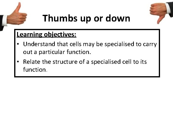 Thumbs up or down Learning objectives: • Understand that cells may be specialised to