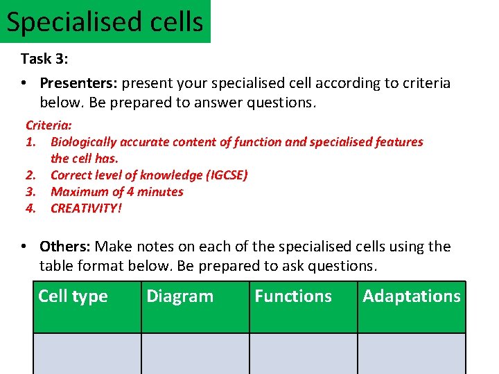 Specialised cells Task 3: • Presenters: present your specialised cell according to criteria below.