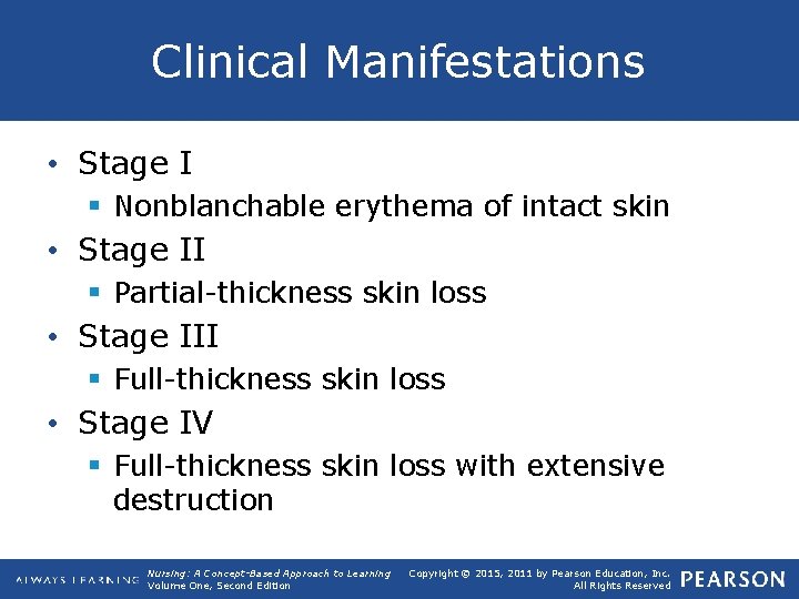 Clinical Manifestations • Stage I § Nonblanchable erythema of intact skin • Stage II