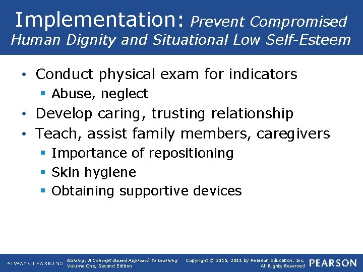 Implementation: Prevent Compromised Human Dignity and Situational Low Self-Esteem • Conduct physical exam for