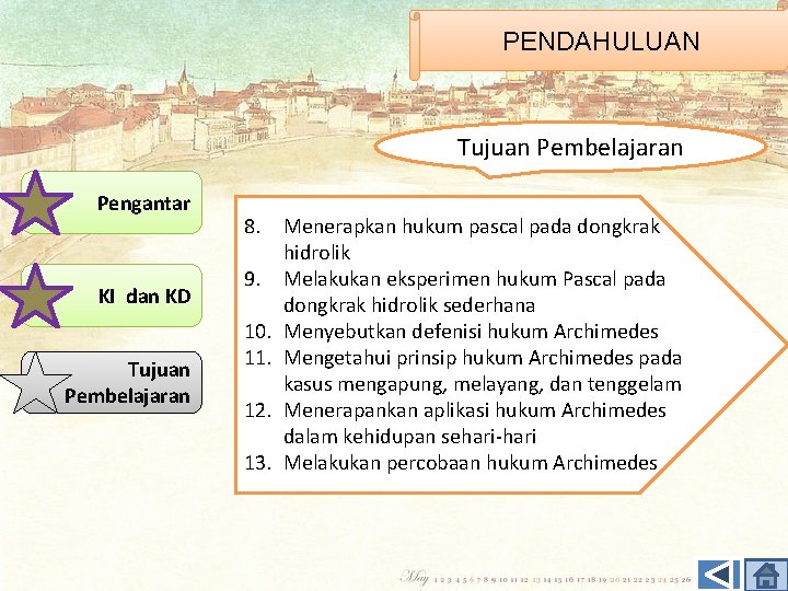 PENDAHULUAN Tujuan Pembelajaran Pengantar KI dan KD Tujuan Pembelajaran 8. Menerapkan hukum pascal pada