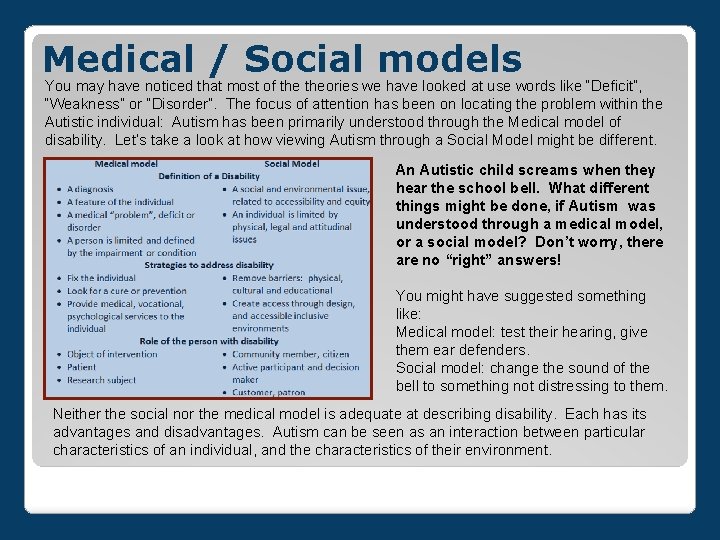 Medical / Social models You may have noticed that most of theories we have