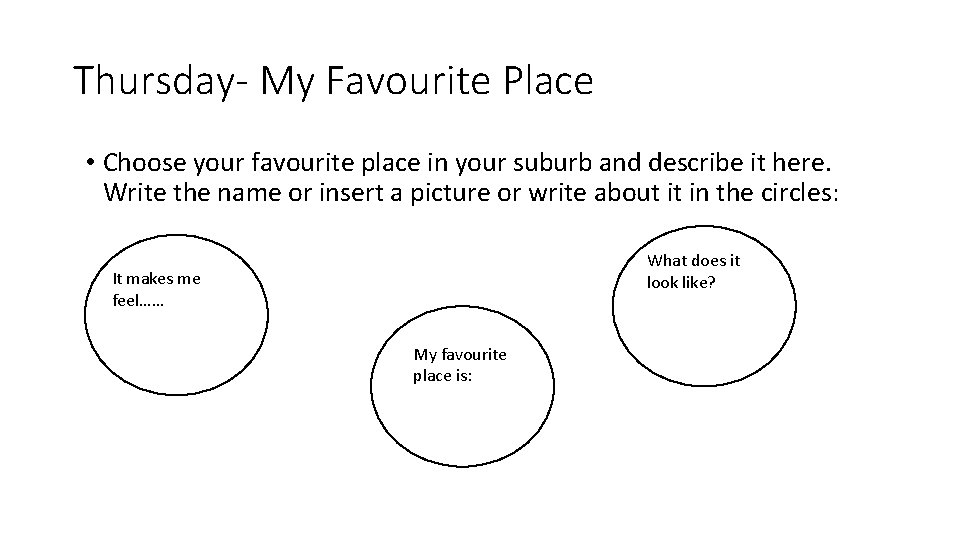 Thursday- My Favourite Place • Choose your favourite place in your suburb and describe