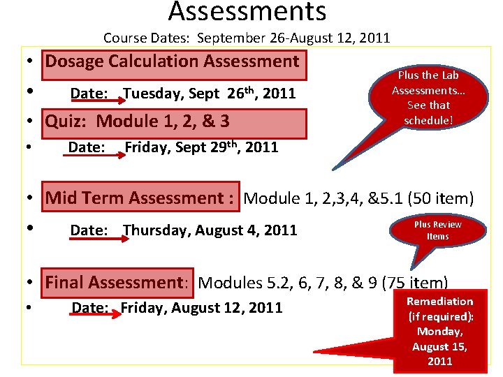 Assessments Course Dates: September 26 -August 12, 2011 • Dosage Calculation Assessment • Date: