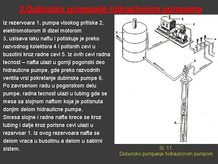 3. Dubinsko pumpanje hidraulicnim pumpama Iz rezervoara 1, pumpa visokog pritiska 2, elektromotorom ili