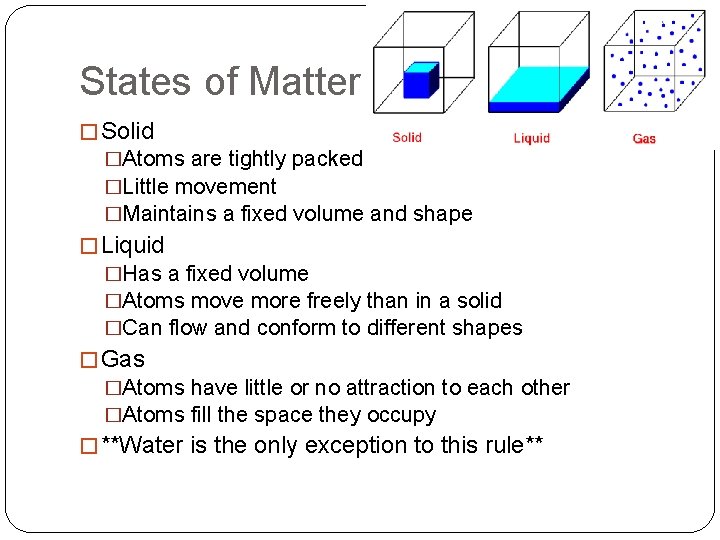 States of Matter � Solid �Atoms are tightly packed �Little movement �Maintains a fixed