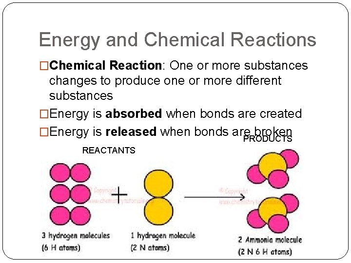 Energy and Chemical Reactions �Chemical Reaction: One or more substances changes to produce one