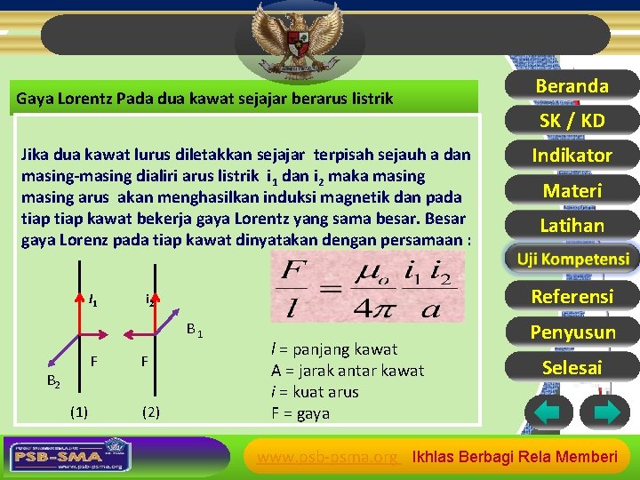 Gaya Lorentz Pada dua kawat sejajar berarus listrik Jika dua kawat lurus diletakkan sejajar