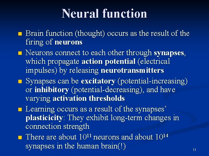 Neural function n n Brain function (thought) occurs as the result of the firing