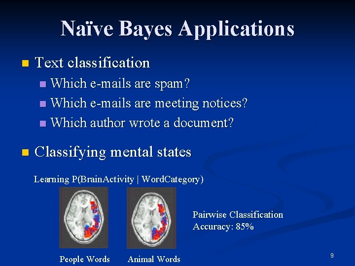 Naïve Bayes Applications n Text classification Which e-mails are spam? n Which e-mails are