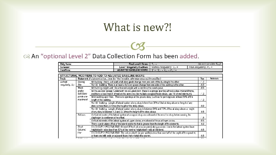 What is new? ! An “optional Level 2” Data Collection Form has been added. What is new? ! An “optional Level 2” Data Collection Form has been added.