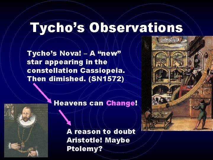 Tycho’s Observations Tycho’s Nova! – A “new” star appearing in the constellation Cassiopeia. Then
