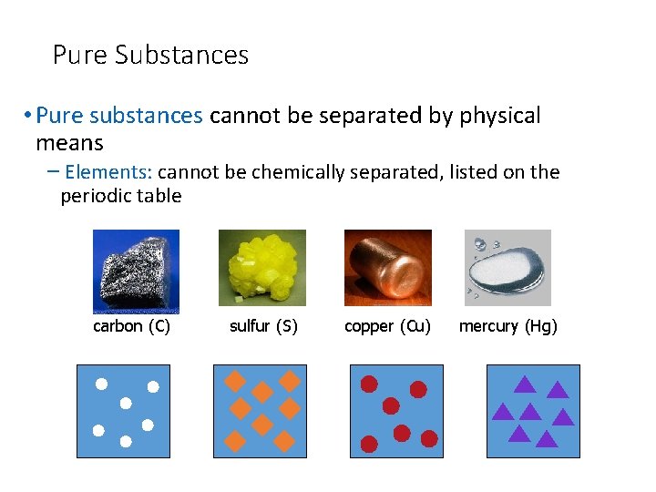 Pure Substances • Pure substances cannot be separated by physical means – Elements: cannot