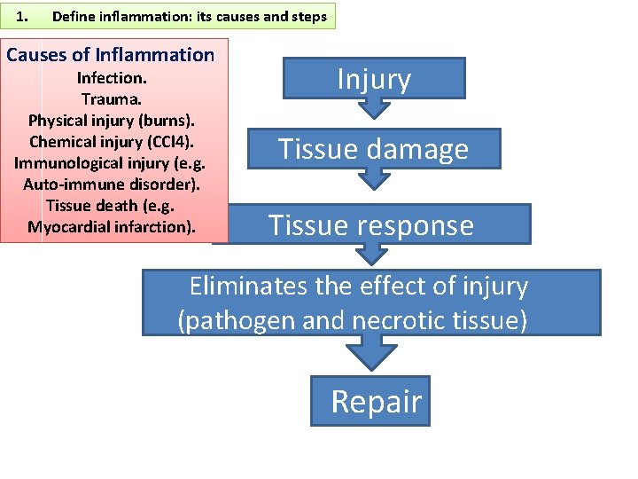 1. Define inflammation: its causes and steps Causes of Inflammation Infection. Trauma. Physical injury