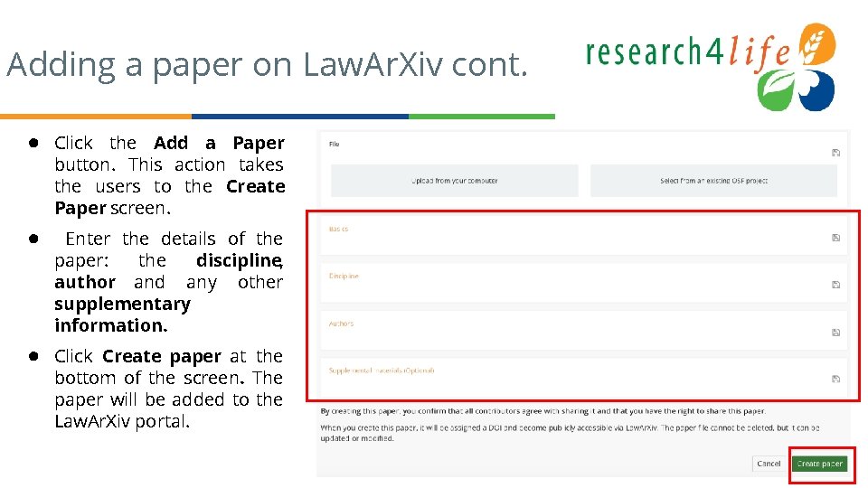 Adding a paper on Law. Ar. Xiv cont. ● Click the Add a Paper