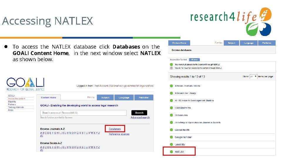 Accessing NATLEX ● To access the NATLEX database click Databases on the GOALI Content