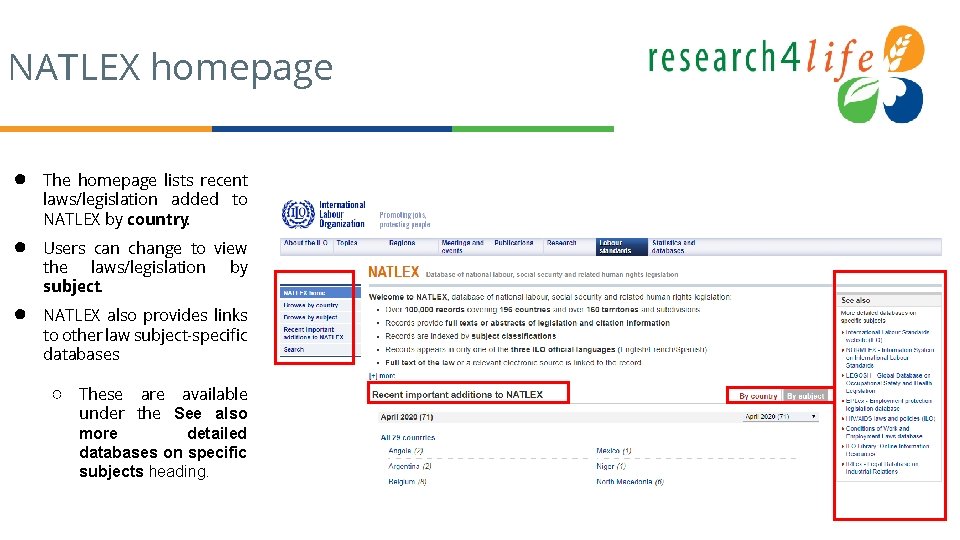 NATLEX homepage ● The homepage lists recent laws/legislation added to NATLEX by country. ●