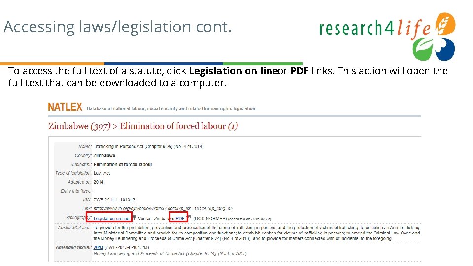 Accessing laws/legislation cont. To access the full text of a statute, click Legislation on