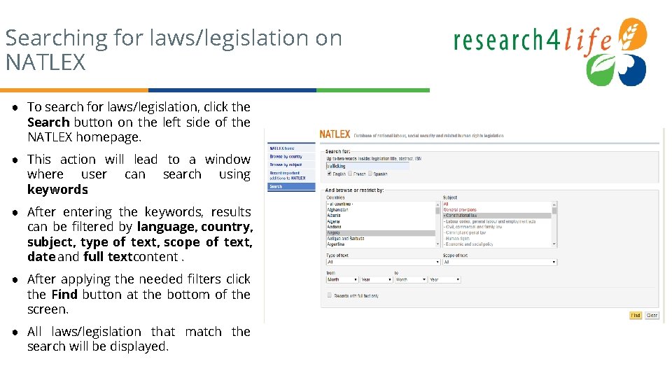 Searching for laws/legislation on NATLEX ● To search for laws/legislation, click the Search button