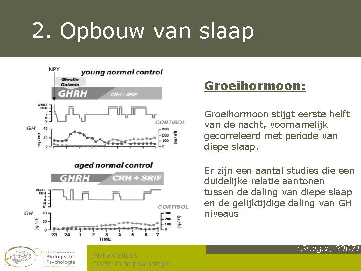 2. Opbouw van slaap Groeihormoon: Groeihormoon stijgt eerste helft van de nacht, voornamelijk gecorreleerd