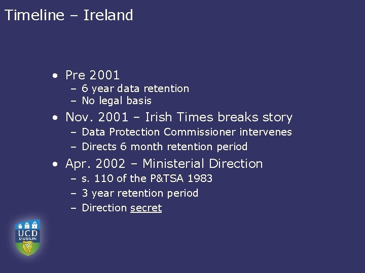 Timeline – Ireland • Pre 2001 – 6 year data retention – No legal