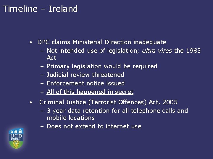 Timeline – Ireland • DPC claims Ministerial Direction inadequate – Not intended use of