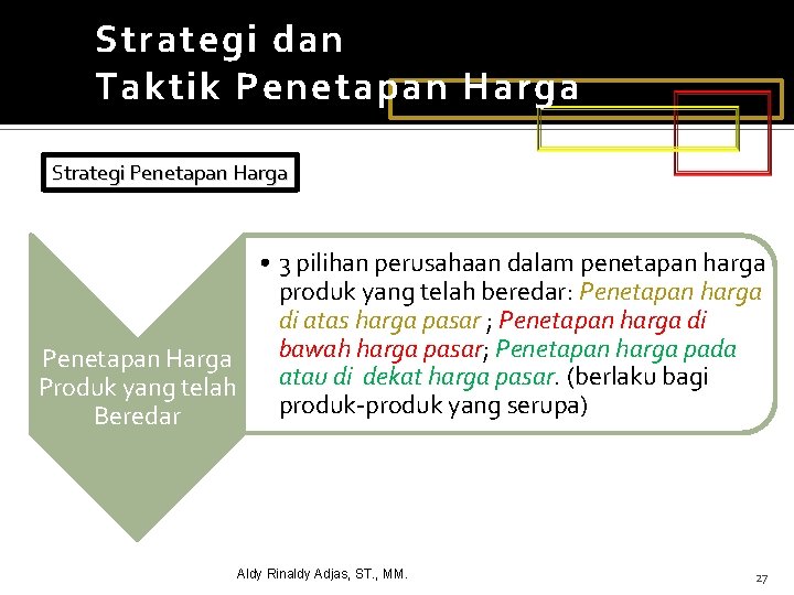 Strategi dan Taktik Penetapan Harga Strategi Penetapan Harga • 3 pilihan perusahaan dalam penetapan