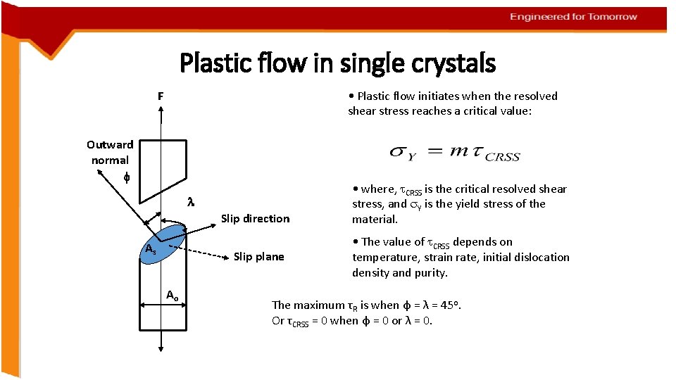 Plastic flow in single crystals • Plastic flow initiates when the resolved shear stress