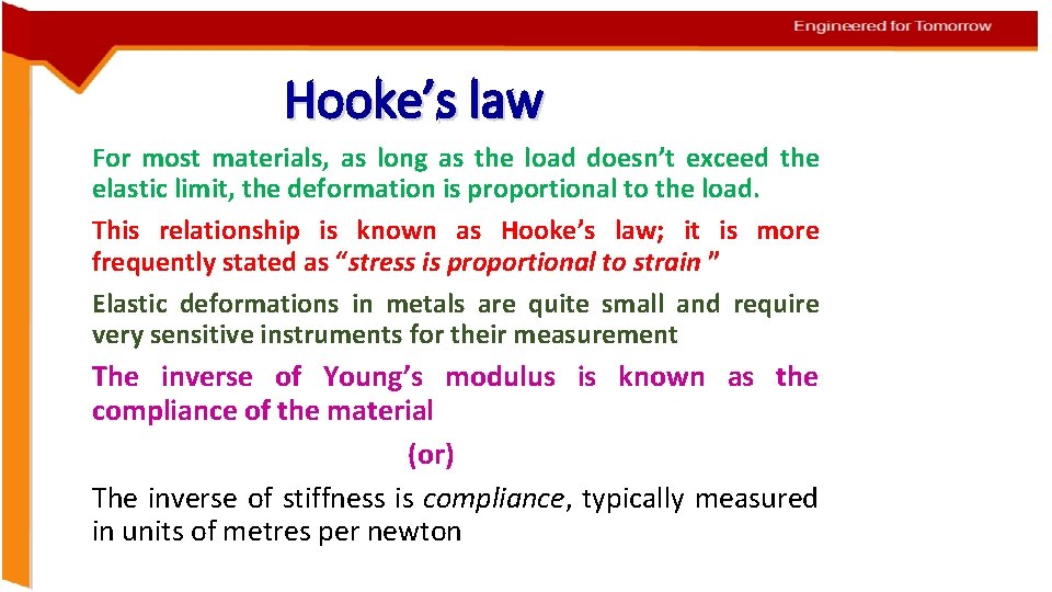 Hooke’s law For most materials, as long as the load doesn’t exceed the elastic