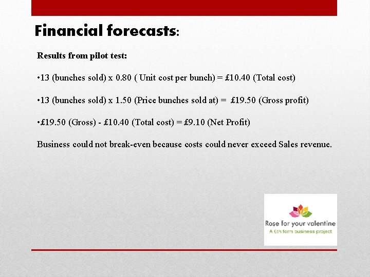 Financial forecasts: Results from pilot test: • 13 (bunches sold) x 0. 80 (