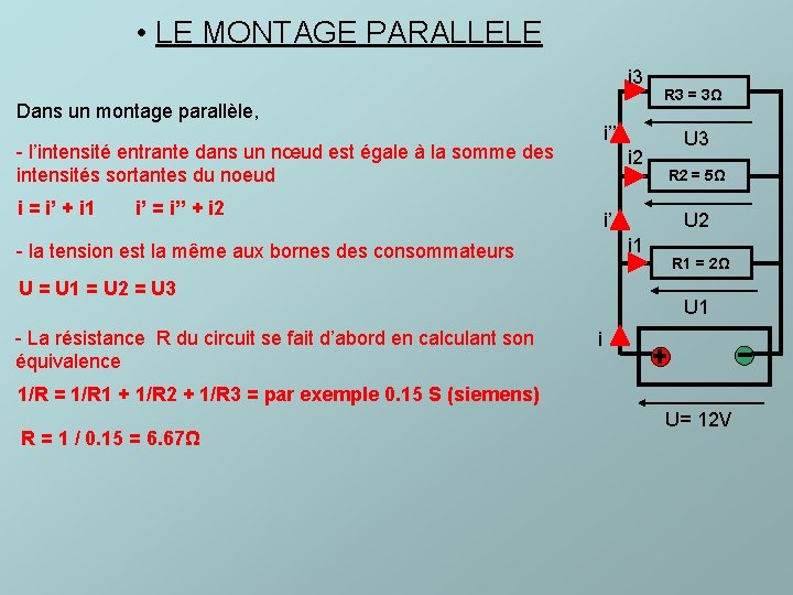  • LE MONTAGE PARALLELE i 3 Dans un montage parallèle, i’’ - l’intensité