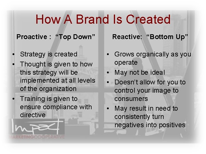 How A Brand Is Created Proactive : “Top Down” Reactive: “Bottom Up” • Strategy