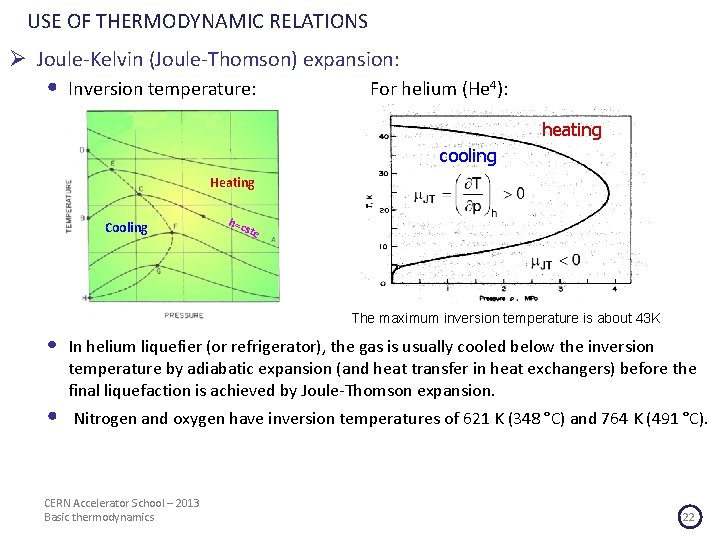 USE OF THERMODYNAMIC RELATIONS Ø Joule-Kelvin (Joule-Thomson) expansion: • Inversion temperature: For helium (He