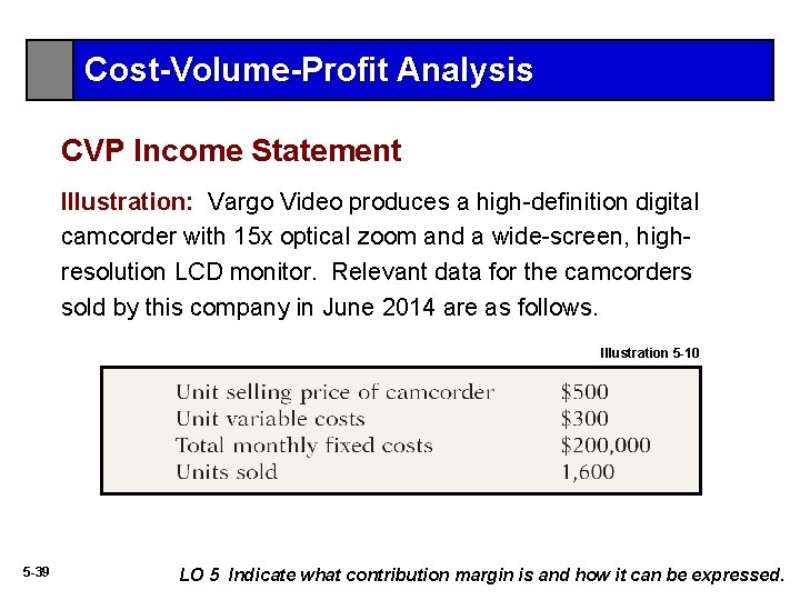 Cost-Volume-Profit Analysis CVP Income Statement Illustration: Vargo Video produces a high-definition digital camcorder with