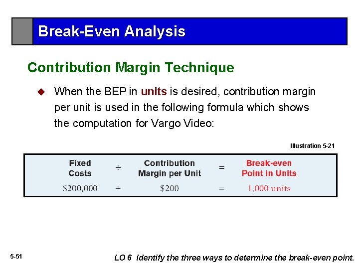 Break-Even Analysis Contribution Margin Technique u When the BEP in units is desired, contribution