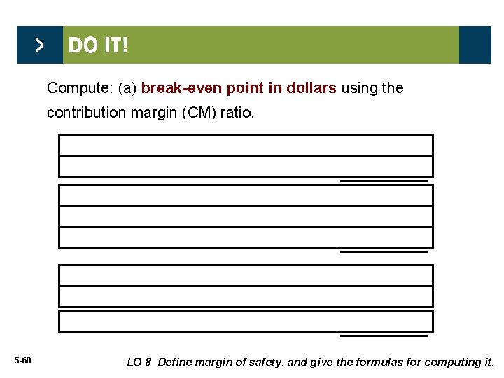 Compute: (a) break-even point in dollars using the contribution margin (CM) ratio. Unit selling