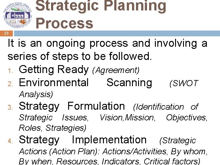 23 Strategic Planning Process It is an ongoing process and involving a series of