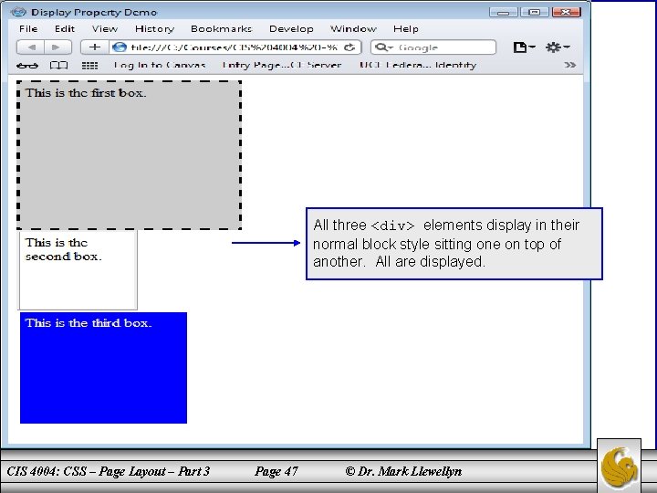 All three <div> elements display in their normal block style sitting one on top