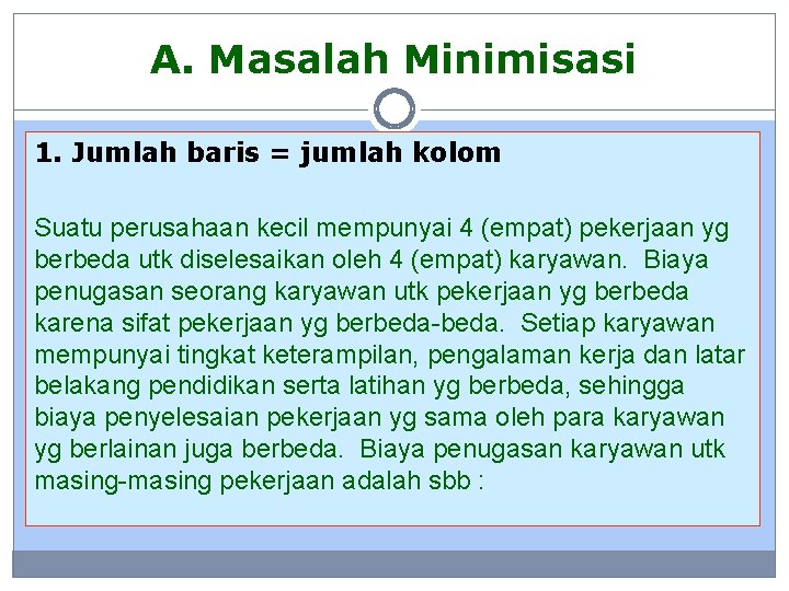 A. Masalah Minimisasi 1. Jumlah baris = jumlah kolom Suatu perusahaan kecil mempunyai 4