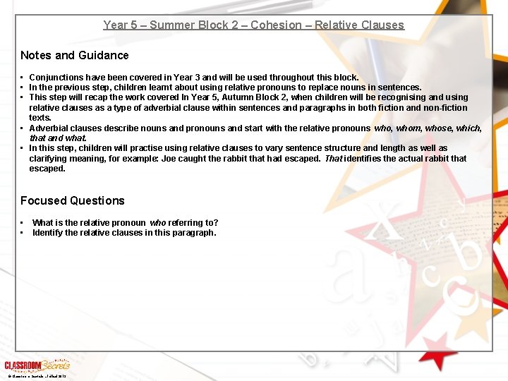 Year 5 – Summer Block 2 – Cohesion – Relative Clauses Notes and Guidance