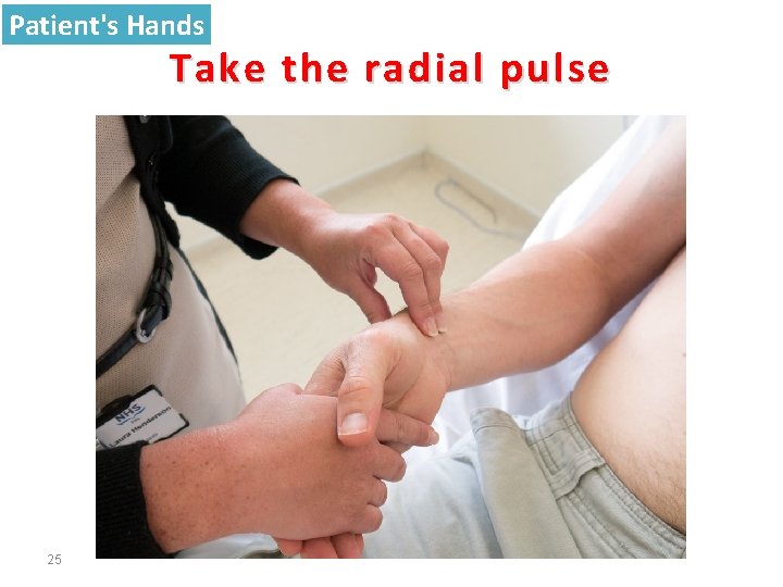 Patient's Hands Take the radial pulse 25 