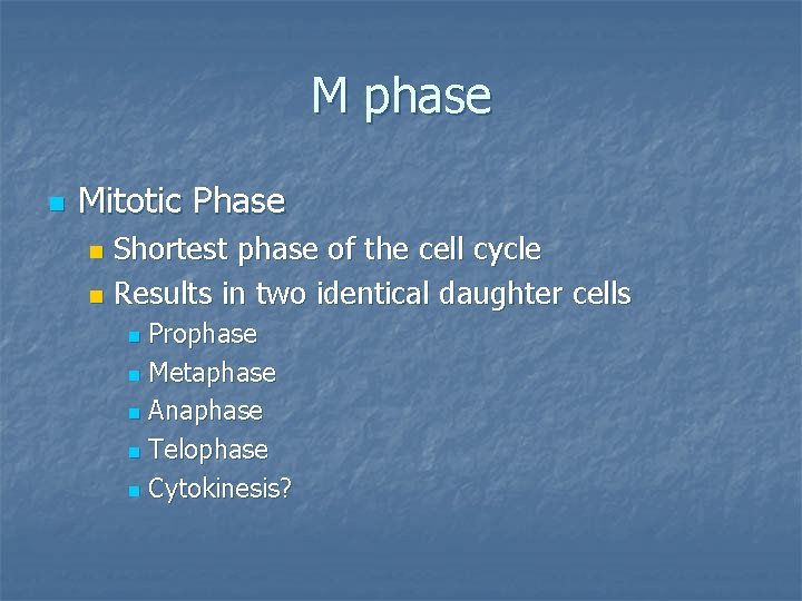 M phase n Mitotic Phase Shortest phase of the cell cycle n Results in