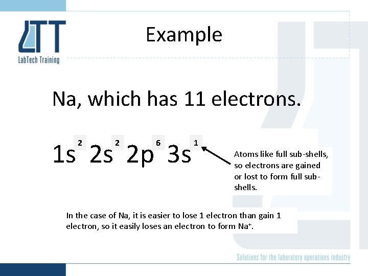 Example Na, which has 11 electrons. 1 s 2 s 2 p 3 s