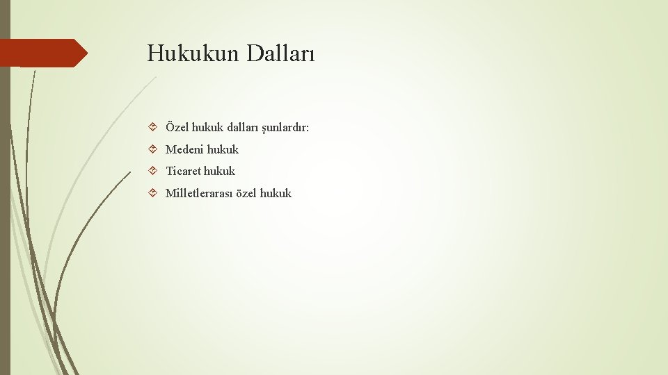 Hukukun Dalları Özel hukuk dalları şunlardır: Medeni hukuk Ticaret hukuk Milletlerarası özel hukuk 