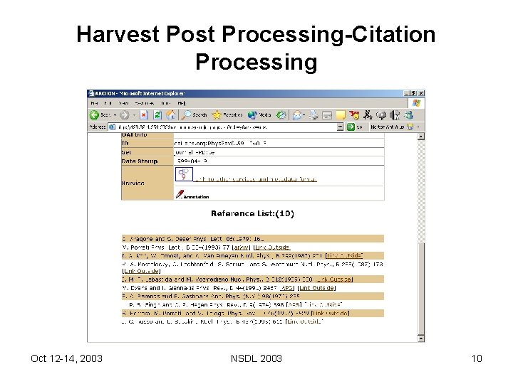 Harvest Post Processing-Citation Processing Oct 12 -14, 2003 NSDL 2003 10 