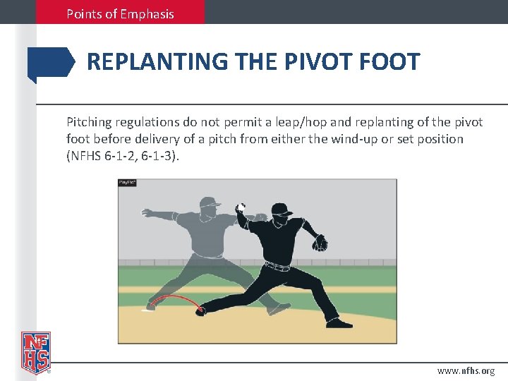 Points of Emphasis REPLANTING THE PIVOT FOOT Pitching regulations do not permit a leap/hop